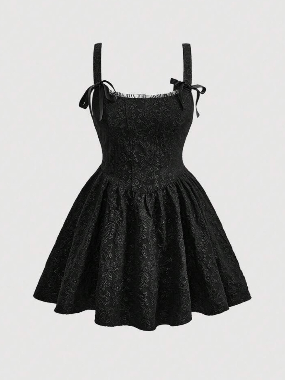 Black Lace Fit-and-Flare Dress with Bow Straps